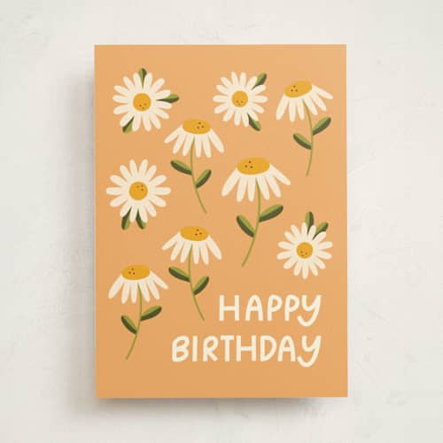 This is a daisy birthday cards for her with standard by Lauren Jinhee called dancing daisies printing on signature in greeting cards