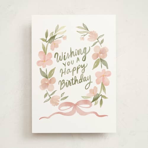 This is a petal birthday cards for her with standard by Lori Wemple called pretty birthday bow wreath printing on signature in greeting cards