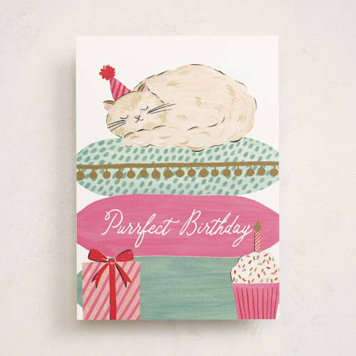 This is a bubblegum birthday cards for her with standard by Sarah Knight called purrfect birthday printing on signature in greeting cards