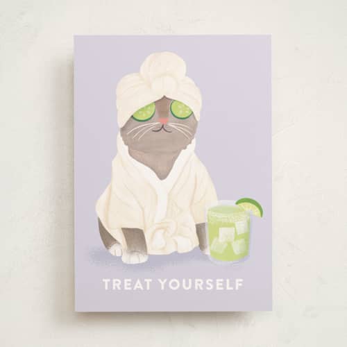 This is a lilac birthday cards for her with standard by Ana Peake called treat yourself kitty! printing on signature in greeting cards