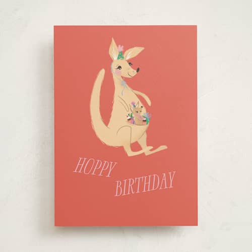 This is a tomato birthday cards for her with standard by Jackie Crawford called hoppy birthday kangaroo printing on signature in greeting cards