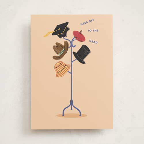 This is a peach graduation cards with standard by Baumbirdy called hats printing on signature in greeting cards