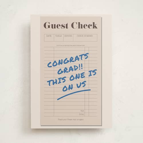 This is a paper graduation cards with standard by Maja Cunningham called this one is on us printing on signature in greeting cards