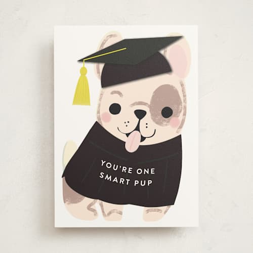 This is a ivory graduation cards with standard by Itsy Belle Studio called frenchie grad printing on signature in greeting cards