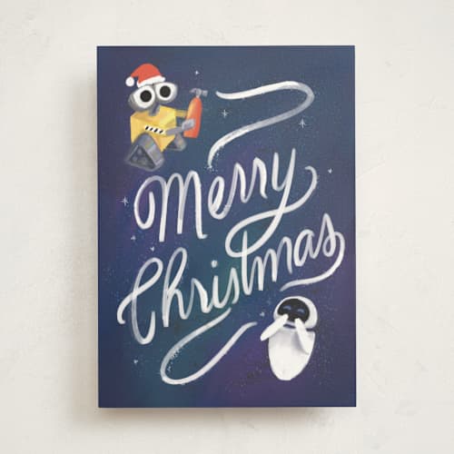 This is a navy greeting cards with standard by Lori Wemple called disney and pixar's wall-e holiday printing on signature in greeting cards