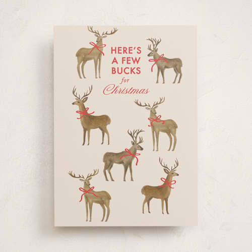This is a reindeer greeting cards with standard by Karidy Walker called christmas bucks printing on signature in greeting cards