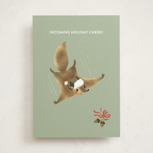 This is a pistachio greeting cards with standard by Jackie Crawford called holiday flying squirrel printing on signature in greeting cards