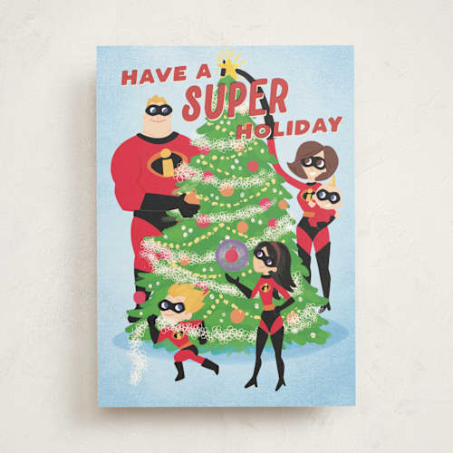 This is a pine greeting cards with standard by Jessie Steury called disney and pixar's incredible holidays printing on signature in greeting cards