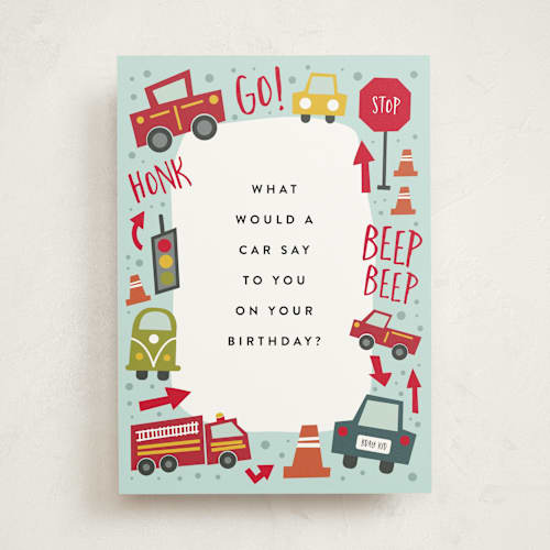 This is a aqua birthday cards for kids with standard by Amy Payne called wheelie great printing on signature in greeting cards