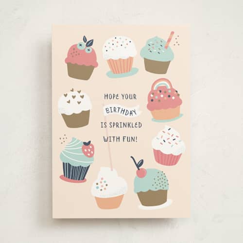 This is a cupcake birthday cards for kids with standard by peetie design called rainbow sprinkles printing on signature in greeting cards