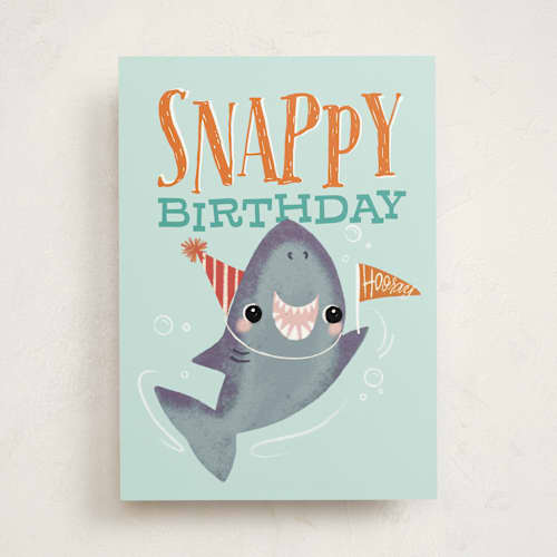 This is a aqua birthday cards for kids with standard by Itsy Belle Studio called snappy birthday printing on signature in greeting cards