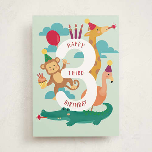 This is a seafoam birthday cards for kids with standard by Christy Hy Lee called safari animals printing on signature in greeting cards