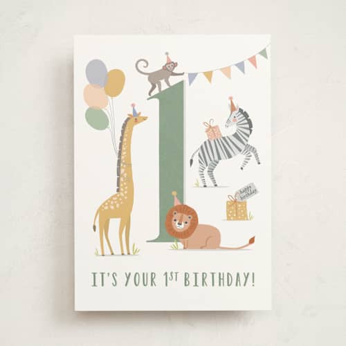 This is a forest birthday cards for kids with standard by Karidy Walker called party animals printing on signature in greeting cards