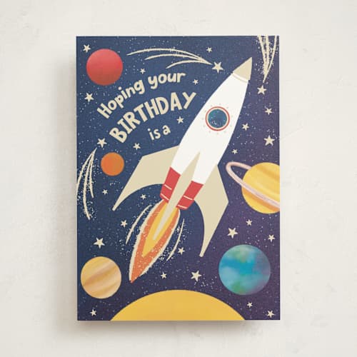 This is a deep space birthday cards for kids with standard by Becky Nimoy called birthday blast printing on signature in greeting cards