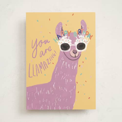 This is a twilight bloom birthday cards for kids with standard by Cass Loh called birthday llama printing on signature in greeting cards