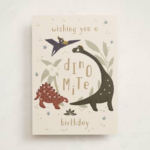 This is a eggnog birthday cards for kids with standard by Gwen Bedat called dinomite birthday printing on signature in greeting cards