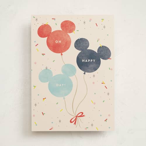 This is a cream birthday cards for kids with standard by Pixel and Hank called disney's mickey balloon birthday printing on signature in greeting cards