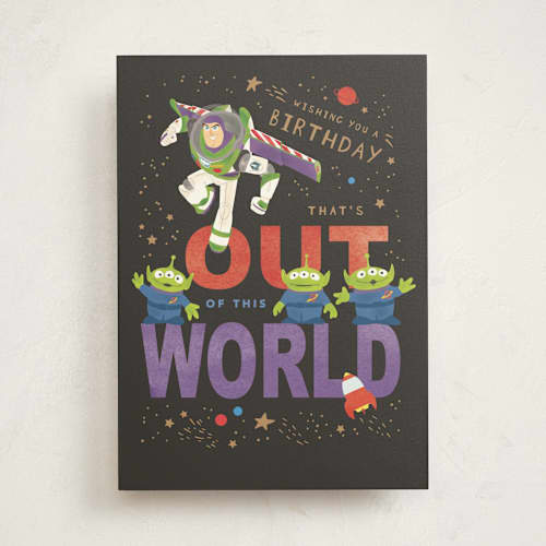 This is a gunmetal birthday cards for kids with standard by Creo Study called disney and pixar's out of this world printing on signature in greeting cards