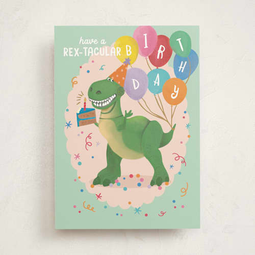 This is a mint birthday cards for kids with standard by Creo Study called disney and pixar's toy story party rex printing on signature in greeting cards