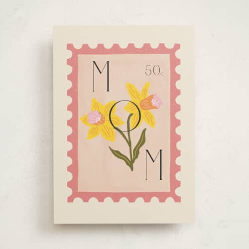 This is a blush mothers day cards with standard by Nazia Hyder called daffodil postage printing on signature in greeting cards