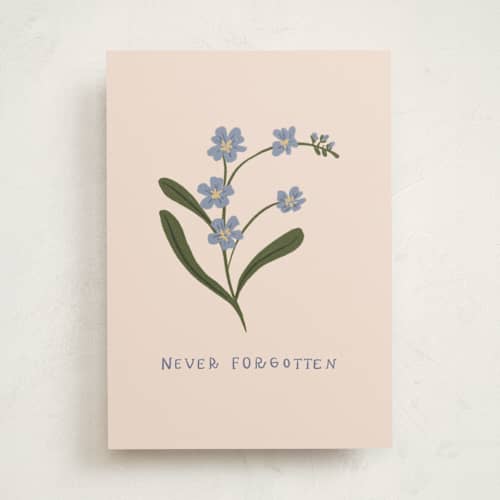 This is a cream sympathy cards with standard by Janna Sue Design called forget me not printing on signature in greeting cards