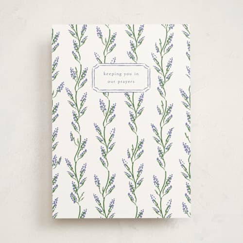 This is a lavender sympathy cards with standard by Sarah Rosenthal called wisteria printing on signature in greeting cards