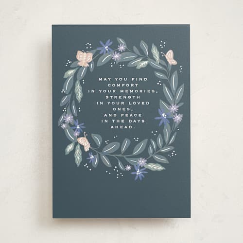 This is a teal sympathy cards with standard by Creo Study called sympathy wreath printing on signature in greeting cards
