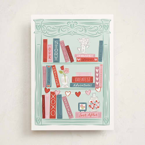 This is a mint valentines day cards with standard by Erin German called bookcase of love printing on signature in greeting cards