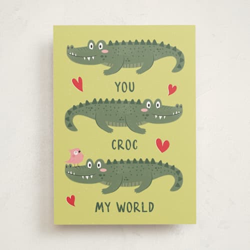 This is a camouflage valentines day cards with standard by Sherley Ferreira called you croc my world printing on signature in greeting cards