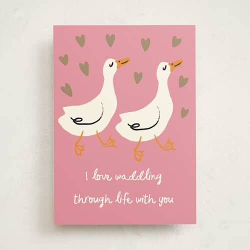 This is a rose quartz valentines day cards with standard by Ani Somi called waddling ducks printing on signature in greeting cards