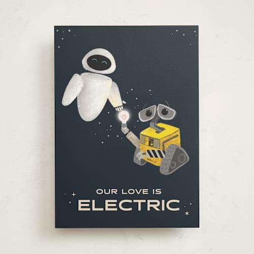 This is a midnight valentines day cards with standard by Holly Whitcomb called disney and pixar's wall-e electric love printing on signature in greeting cards