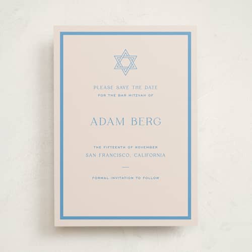 This is a bluebell bar and bat mitzvah save the date with standard by Megan Davis called racquet printing on signature in standard