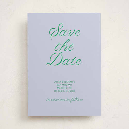 This is a verdant bar and bat mitzvah save the date with standard by Inkblot Design called torah tribute printing on signature in standard