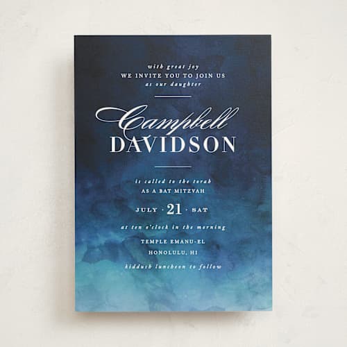 This is a ocean bar mitzvah bat mitzvah invitations with standard by Kelly Schmidt called indigo sea printing on signature in standard