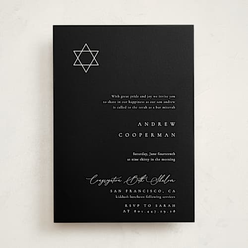 This is a midnight bar mitzvah bat mitzvah invitations with standard by Kelly Schmidt called corner printing on signature in standard