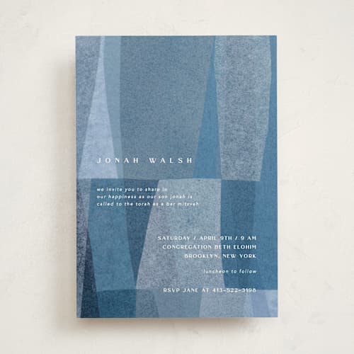 This is a seaside bar mitzvah bat mitzvah invitations with standard by Carrie Moradi called denim patchwork printing on signature in standard