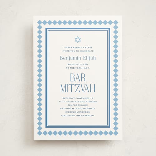 This is a sky bar mitzvah bat mitzvah invitations with standard by Carolyn MacLaren called checkers printing on signature in standard