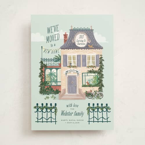 This is a mint moving announcements with standard by Leia Matt called little festive house printing on signature in standard