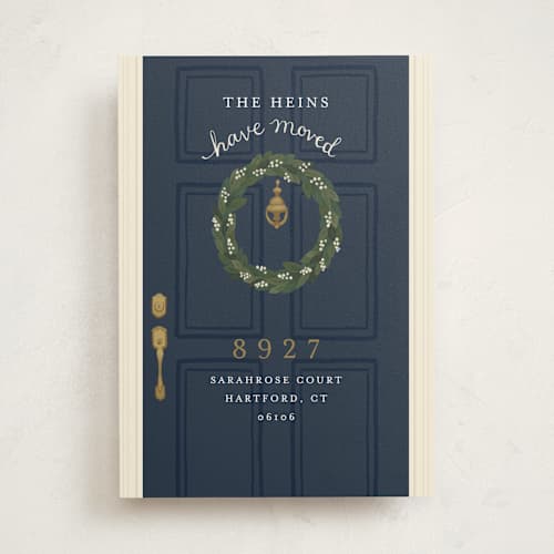 This is a navy moving announcements with standard by Emily Hein called door wreath printing on signature in standard
