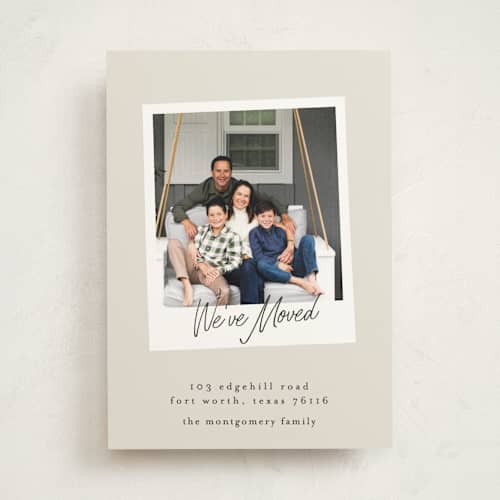 This is a cream moving announcements with standard by Karidy Walker called holiday snapshot printing on signature in standard