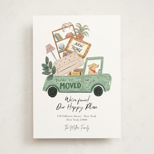 This is a seafoam moving announcements with standard by Elly called new home, new adventures printing on signature in standard