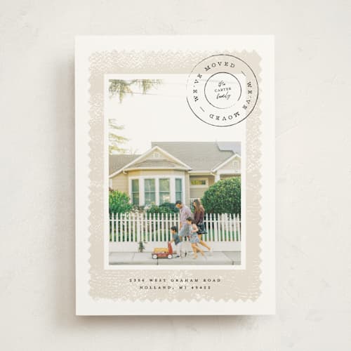 This is a vintage moving announcements with standard by Pixel and Hank called postal printing on signature in standard