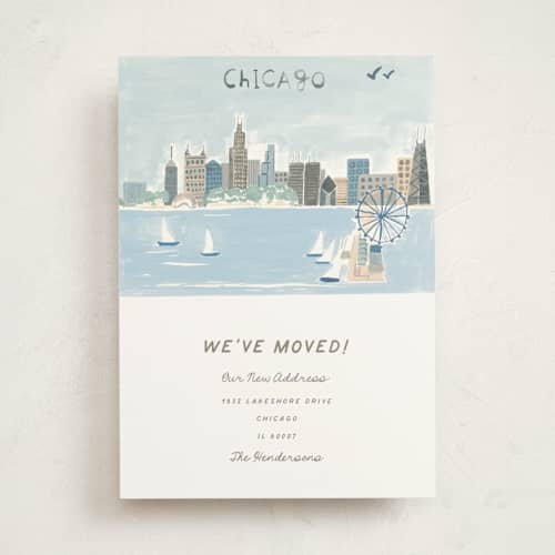This is a sea moving announcements with standard by Teju Reval called chicago postcard printing on signature in standard