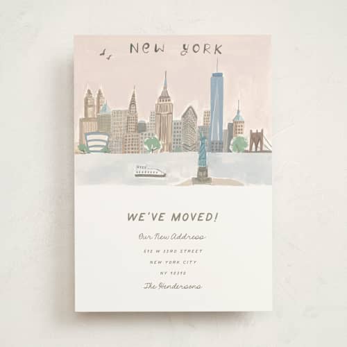 This is a sea moving announcements with standard by Teju Reval called nyc postcard printing on signature in standard
