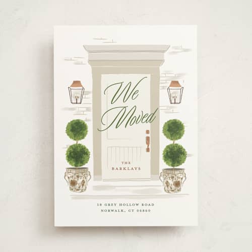 This is a evergreen moving announcements with standard by Susan Zinader called nouveau printing on signature in standard