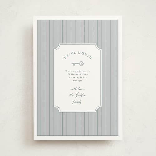 This is a blue slate moving announcements with standard by Kanika Mathur called classic move printing on signature in standard