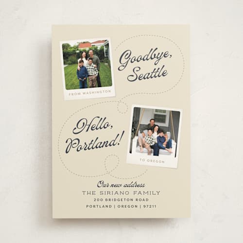This is a cream moving announcements with standard by Robert and Stella called goodbye & hello printing on signature in standard