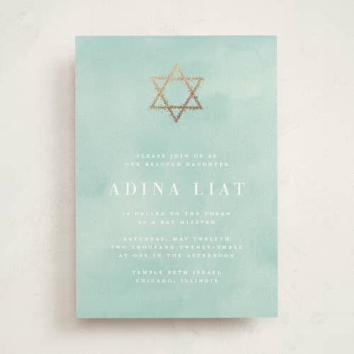 This is a aquamarine bar mitzvah bat mitzvah invitations with foil pressed by Julia Hall called graceful printing on signature in standard