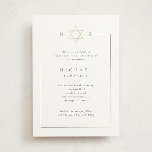 This is a silk bar mitzvah bat mitzvah invitations with foil pressed by Kelly Schmidt called framed monogram printing on signature in standard