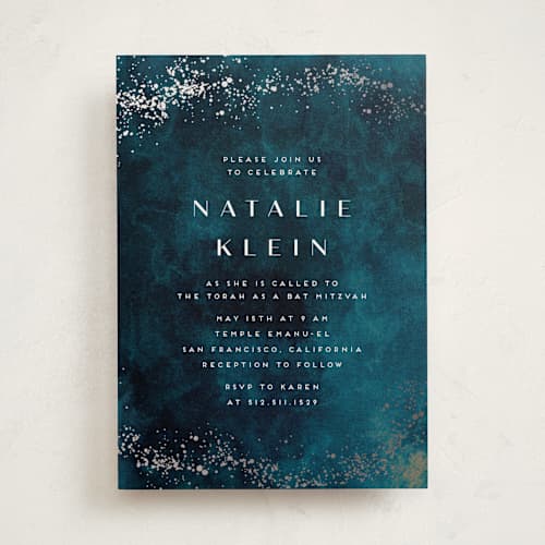 This is a aquamarine bar mitzvah bat mitzvah invitations with foil pressed by chocomocacino called oponki printing on signature in standard